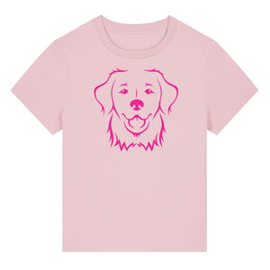 Magenta outline illustration of the head of a Golden Retriever on the front of a cotton pink ladies t-shirt