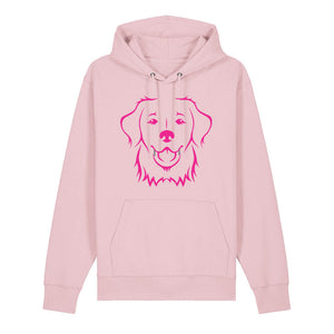 Magenta outline illustration of the head of a Golden Retriever on the front of a cotton pink unisex Hoodie