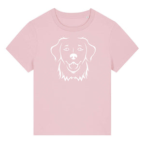 White outline illustration of the head of a Golden Retriever on the front of a cotton pink ladies t-shirt