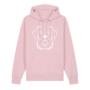 White outline illustration of the head of a Golden Retriever on the front of a cotton pink unisex Hoodie