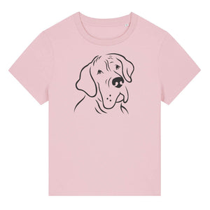 Black outline illustration of the head of a Great Dane on the front of a cotton pink ladies t-shirt