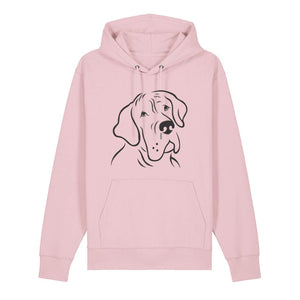Black outline illustration of the head of a Great Dane on the front of a cotton pink unisex Hoodie