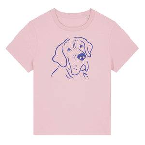 Blue outline illustration of the head of a Great Dane on the front of a cotton pink ladies t-shirt