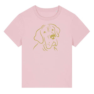Gold outline illustration of the head of a Great Dane on the front of a cotton pink ladies t-shirt