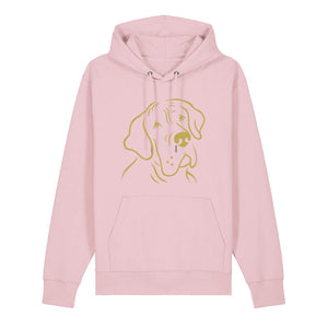 Gold outline illustration of the head of a Great Dane on the front of a cotton pink unisex Hoodie