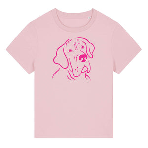 Magenta outline illustration of the head of a Great Dane on the front of a cotton pink ladies t-shirt