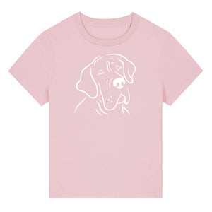 White outline illustration of the head of a Great Dane on the front of a cotton pink ladies t-shirt