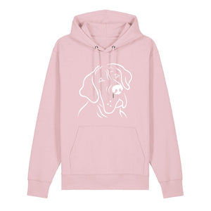 White outline illustration of the head of a Great Dane on the front of a cotton pink unisex Hoodie