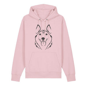 Black outline illustration of the head of a Husky on the front of a cotton pink unisex Hoodie