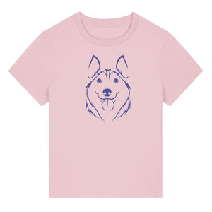 Blue outline illustration of the head of a Husky on the front of a cotton pink ladies t-shirt
