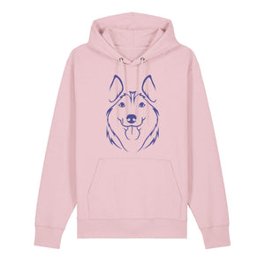 Blue outline illustration of the head of a Husky on the front of a cotton pink unisex Hoodie