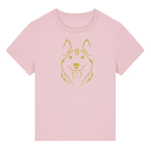 Gold outline illustration of the head of a Husky on the front of a cotton pink ladies t-shirt