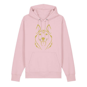 Gold outline illustration of the head of a Husky on the front of a cotton pink unisex Hoodie