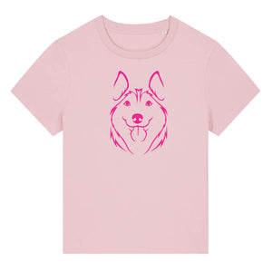 Magenta outline illustration of the head of a Husky on the front of a cotton pink ladies t-shirt