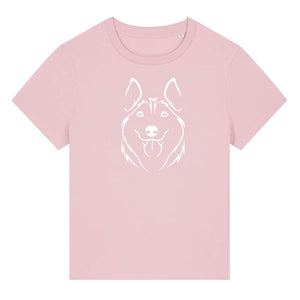 White outline illustration of the head of a Husky on the front of a cotton pink ladies t-shirt