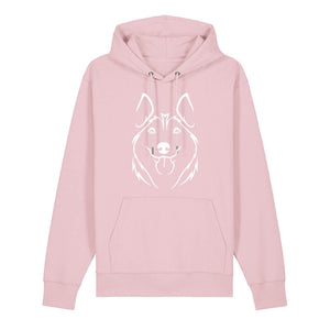 White outline illustration of the head of a Husky on the front of a cotton pink unisex Hoodie