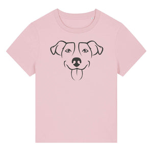 Black outline illustration of the head of a Jack Russell on the front of a cotton pink ladies t-shirt
