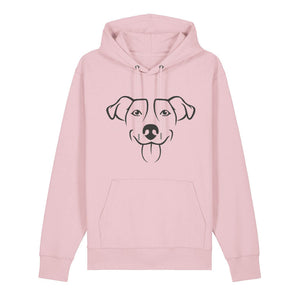 Black outline illustration of the head of a Jack Russell on the front of a cotton pink unisex Hoodie