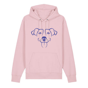 Blue outline illustration of the head of a Jack Russell on the front of a cotton pink unisex Hoodie