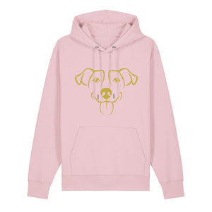 Gold outline illustration of the head of a Jack Russell on the front of a cotton pink unisex Hoodie