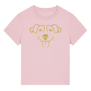 Gold outline illustration of the head of a Jack Russell on the front of a cotton pink ladies t-shirt