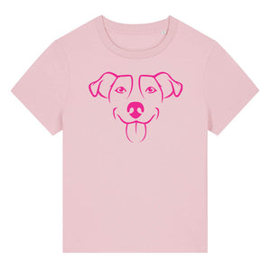 Magenta outline illustration of the head of a Jack Russell on the front of a cotton pink ladies t-shirt