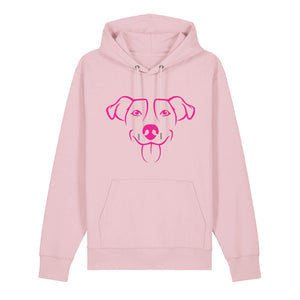 Magenta outline illustration of the head of a Jack Russell on the front of a cotton pink unisex Hoodie