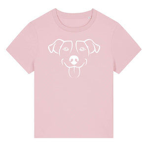 White outline illustration of the head of a Jack Russell on the front of a cotton pink ladies t-shirt