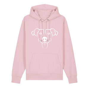 White outline illustration of the head of a Jack Russell on the front of a cotton pink unisex Hoodie