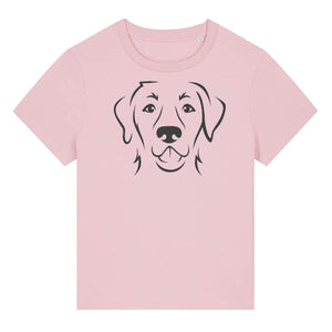 Black outline illustration of the head of a Labrador Retriever on the front of a cotton pink ladies t-shirt