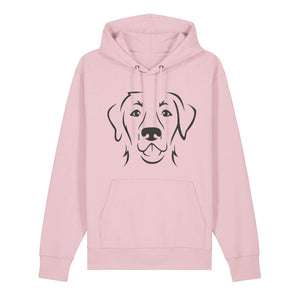 Black outline illustration of the head of a Labrador Retriever on the front of a cotton pink unisex Hoodie