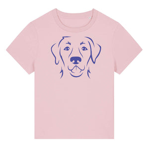 Blue outline illustration of the head of a Labrador Retriever on the front of a cotton pink ladies t-shirt