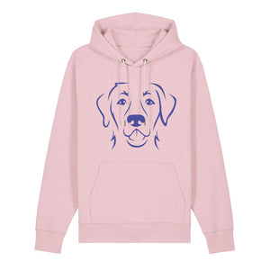 Blue outline illustration of the head of a Labrador Retriever on the front of a cotton pink unisex Hoodie