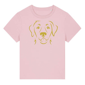 Gold outline illustration of the head of a Labrador Retriever on the front of a cotton pink ladies t-shirt