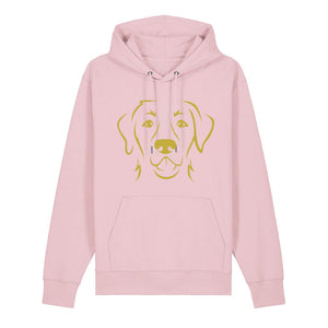 Gold outline illustration of the head of a Labrador Retriever on the front of a cotton pink unisex Hoodie