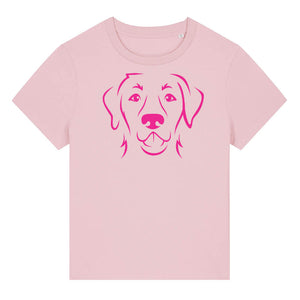 Magenta outline illustration of the head of a Labrador Retriever on the front of a cotton pink ladies t-shirt