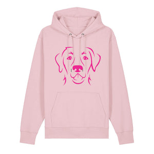 Magenta outline illustration of the head of a Labrador Retriever on the front of a cotton pink unisex Hoodie