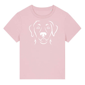 White outline illustration of the head of a Labrador Retriever on the front of a cotton pink ladies t-shirt