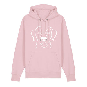 White outline illustration of the head of a Labrador Retriever on the front of a cotton pink unisex Hoodie