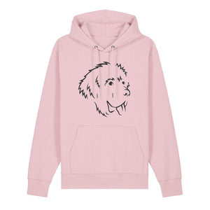 Black outline illustration of the head of a Newfoundland on the front of a cotton pink unisex Hoodie