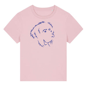 Blue outline illustration of the head of a Newfoundland dog on the front of a cotton pink ladies t-shirt