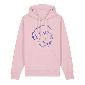 Blue outline illustration of the head of a Newfoundland on the front of a cotton pink unisex Hoodie