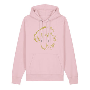 Gold outline illustration of the head of a Newfoundland on the front of a cotton pink unisex Hoodie