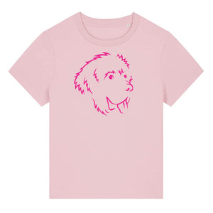 Magenta outline illustration of the head of a Newfoundland dog on the front of a cotton pink ladies t-shirt