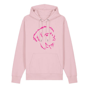 Magenta outline illustration of the head of a Newfoundland on the front of a cotton pink unisex Hoodie