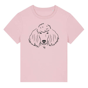 Black outline illustration of the head of a Poodle on the front of a cotton pink ladies t-shirt