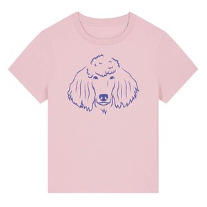 Blue outline illustration of the head of a Poodle on the front of a cotton pink ladies t-shirt