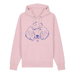 Blue outline illustration of the head of a Poodle on the front of a cotton pink unisex Hoodie