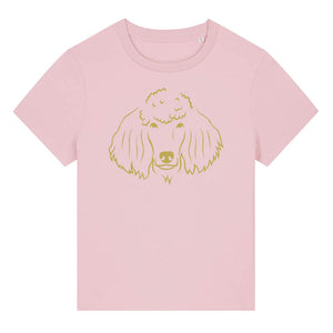 Gold outline illustration of the head of a Poodle on the front of a cotton pink ladies t-shirt