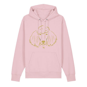 Gold outline illustration of the head of a Poodle on the front of a cotton pink unisex Hoodie